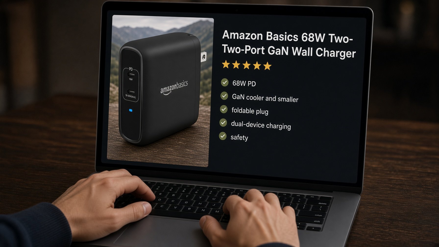 Product listing details on a laptop — title, images, and bullets for a representative charger SKU AI-generated likeness.
